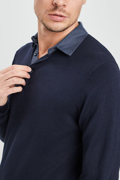 Pull avec col polo bleu marine homme