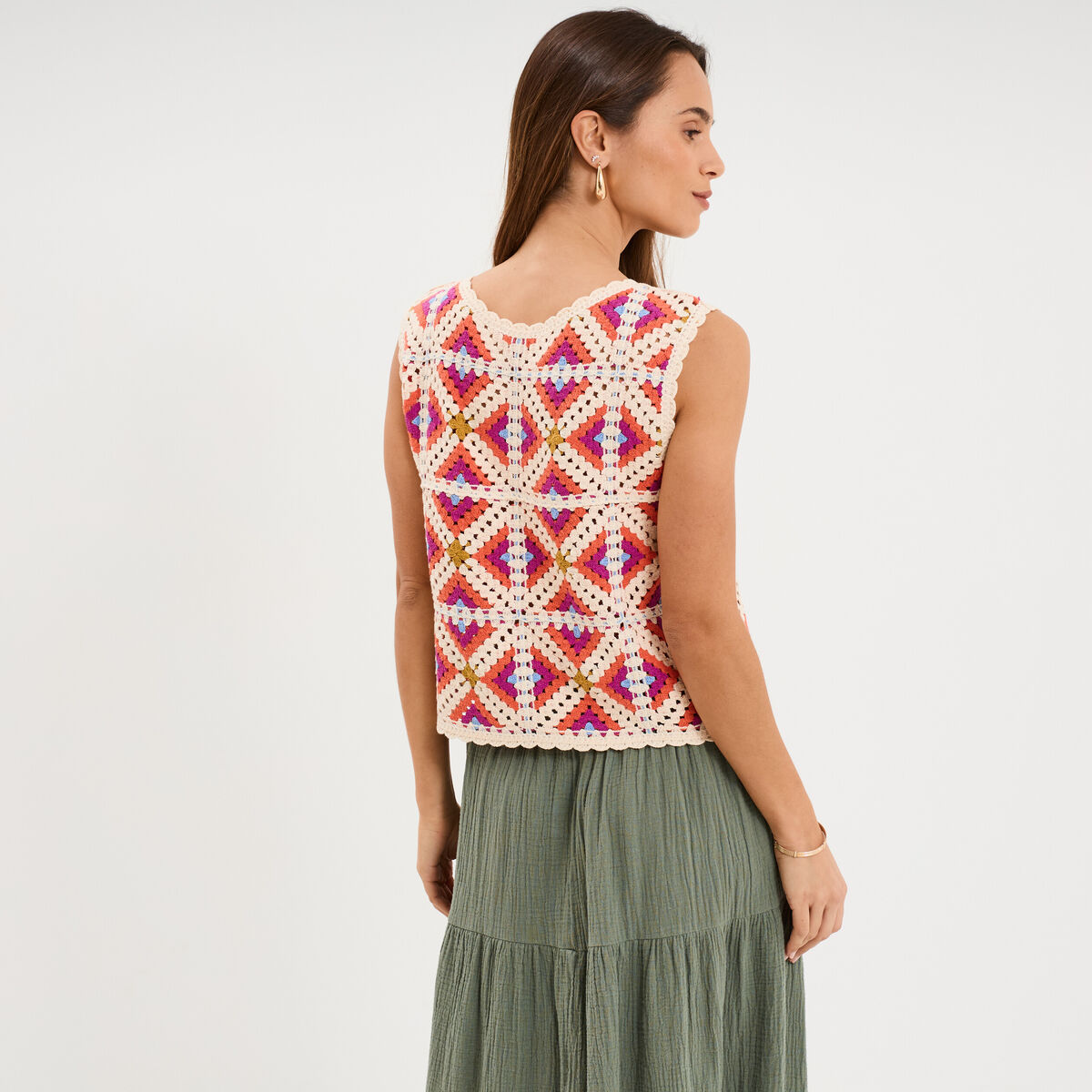 D&eacute;bardeur sans manches effet crochet multicolore femme