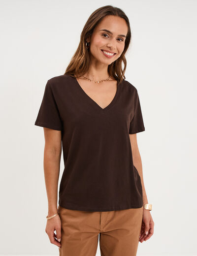 T-shirt manches courtes col en V coton marron fonc&eacute; femme