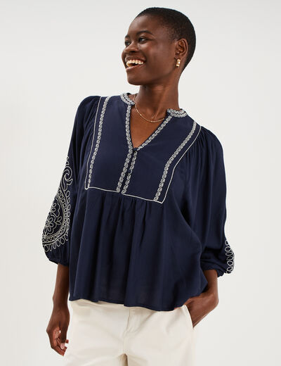 Blouse brod&eacute;e oversize col tunisien bleu fonc&eacute; femme