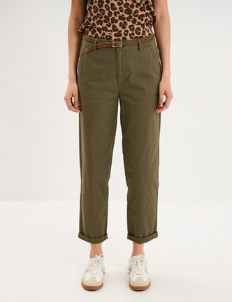 Pantalon chino regular ceinture tress&eacute;e vert kaki femme