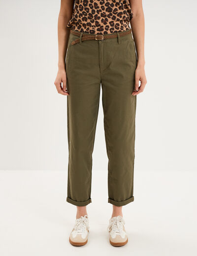 Pantalon chino regular ceinture tress&eacute;e vert kaki femme