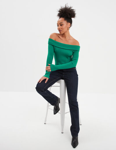 Pull côtelé col bardot manches longues vert femme