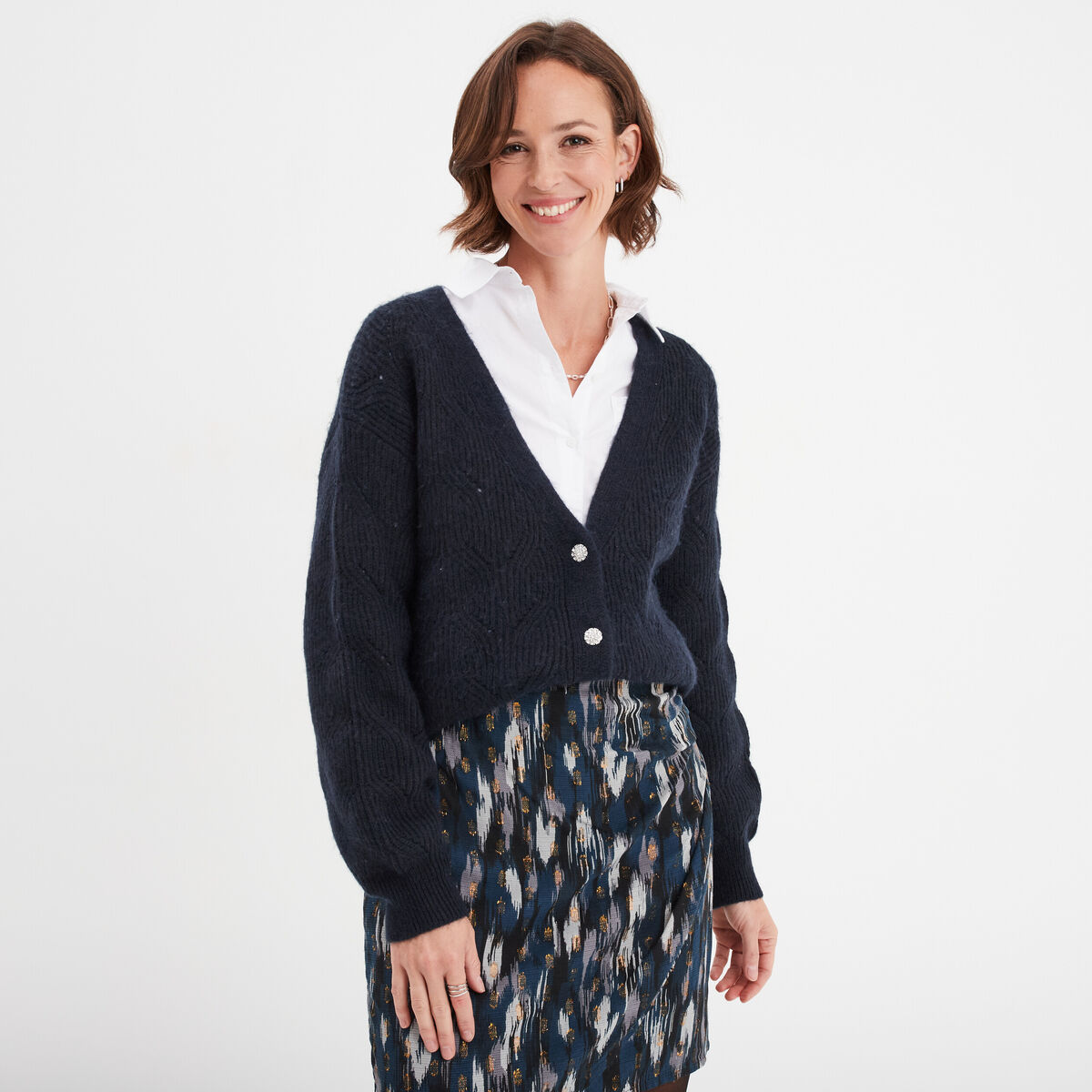 Gilet col en V boutonné manches longues bleu foncé femme