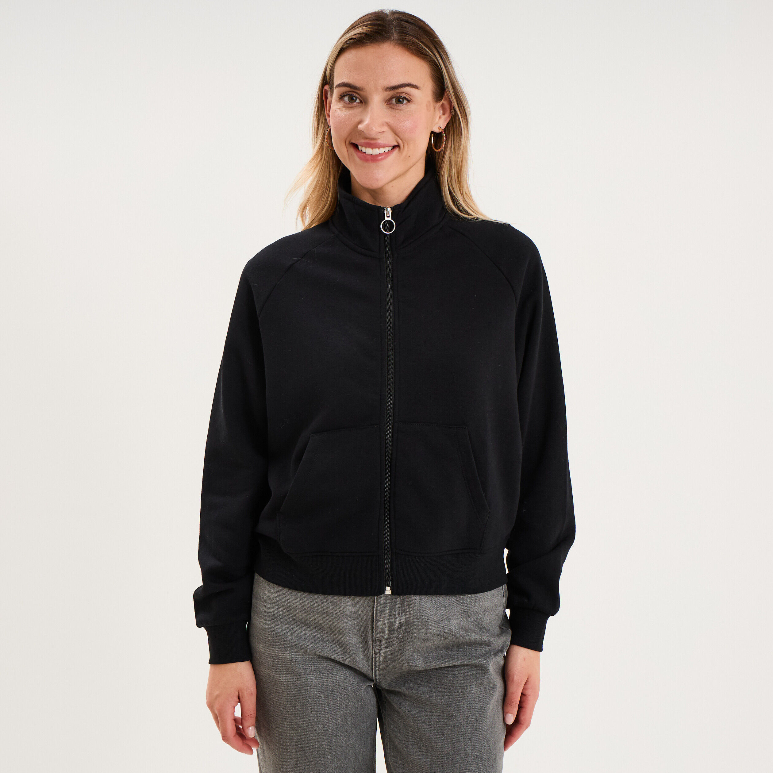 Sweat zippé molleton col montant noir femme LH