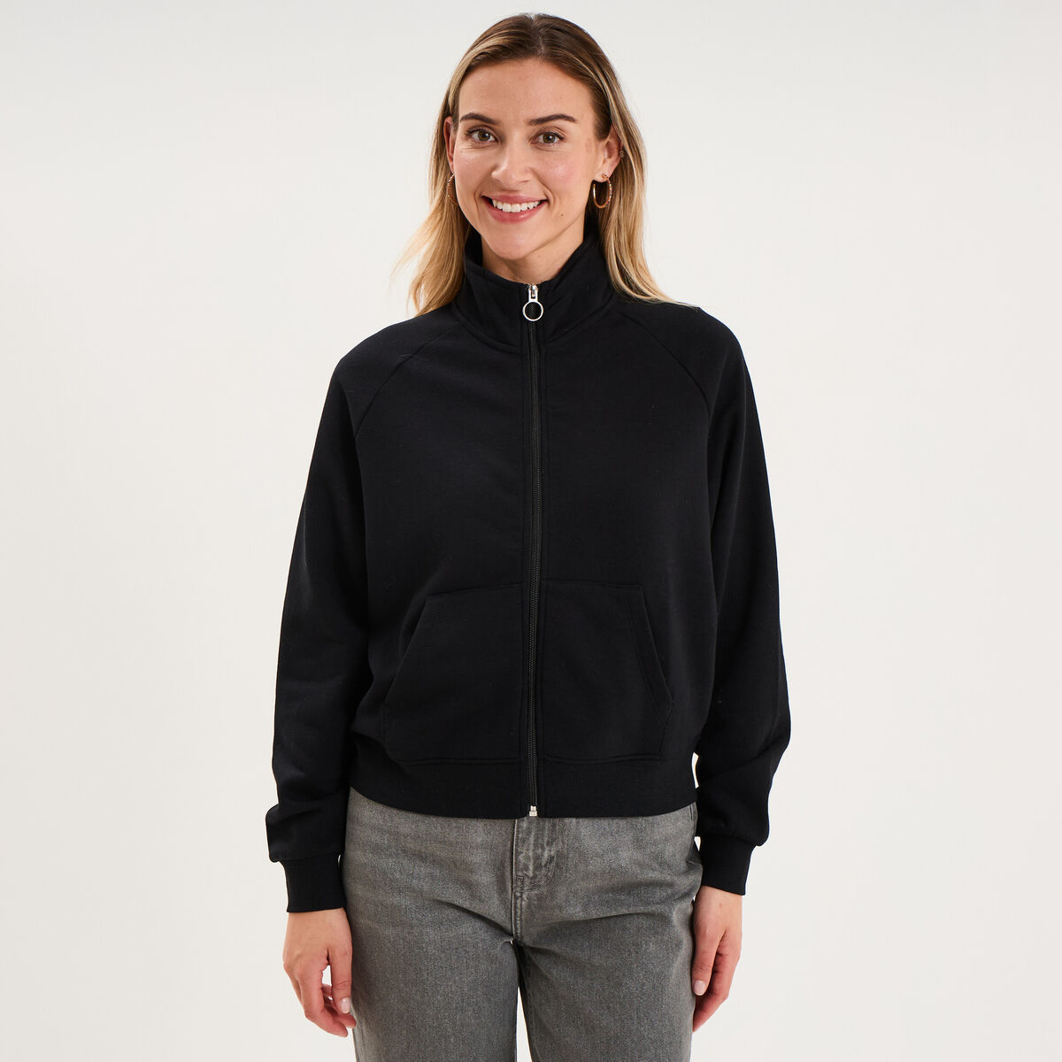Sweat zipp&eacute; molleton col montant noir femme