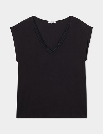 T-shirt col en V manches courtes noir femme