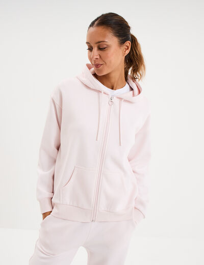 Sweat zipp&eacute; &agrave; capuche molleton rose clair femme