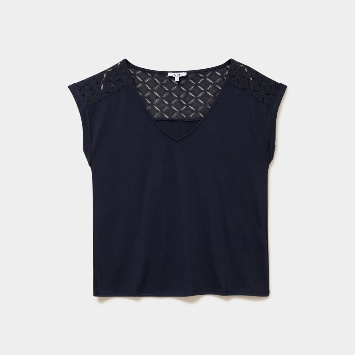 T-shirt col en V ajour&eacute; &eacute;paules et dos bleu fonc&eacute; femme