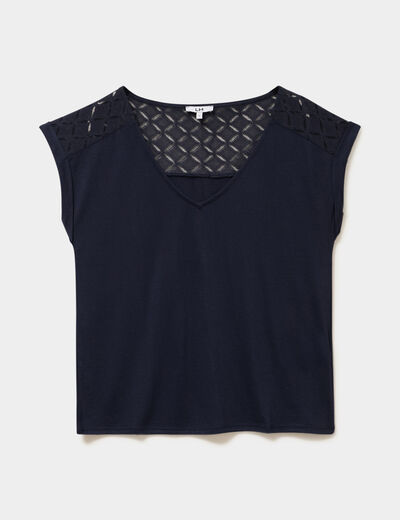 T-shirt col en V ajour&eacute; &eacute;paules et dos bleu fonc&eacute; femme