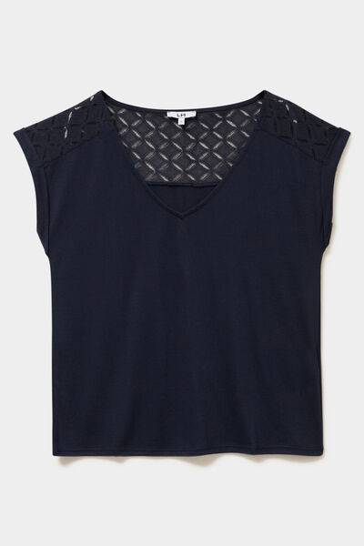 T-shirt col en V ajour&eacute; &eacute;paules et dos bleu fonc&eacute; femme
