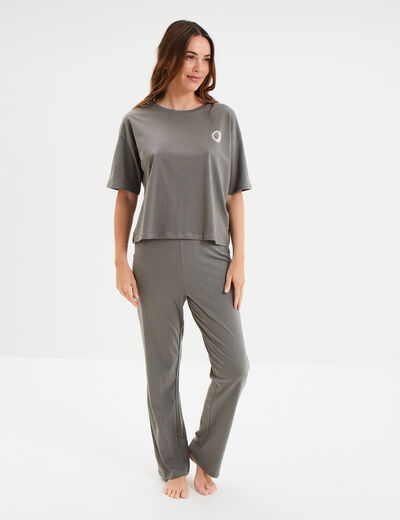 Ensemble pyjama pantalon et t-shirt vert kaki femme