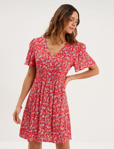 Robe fluide manches courtes col en V rouge coquelicot femme