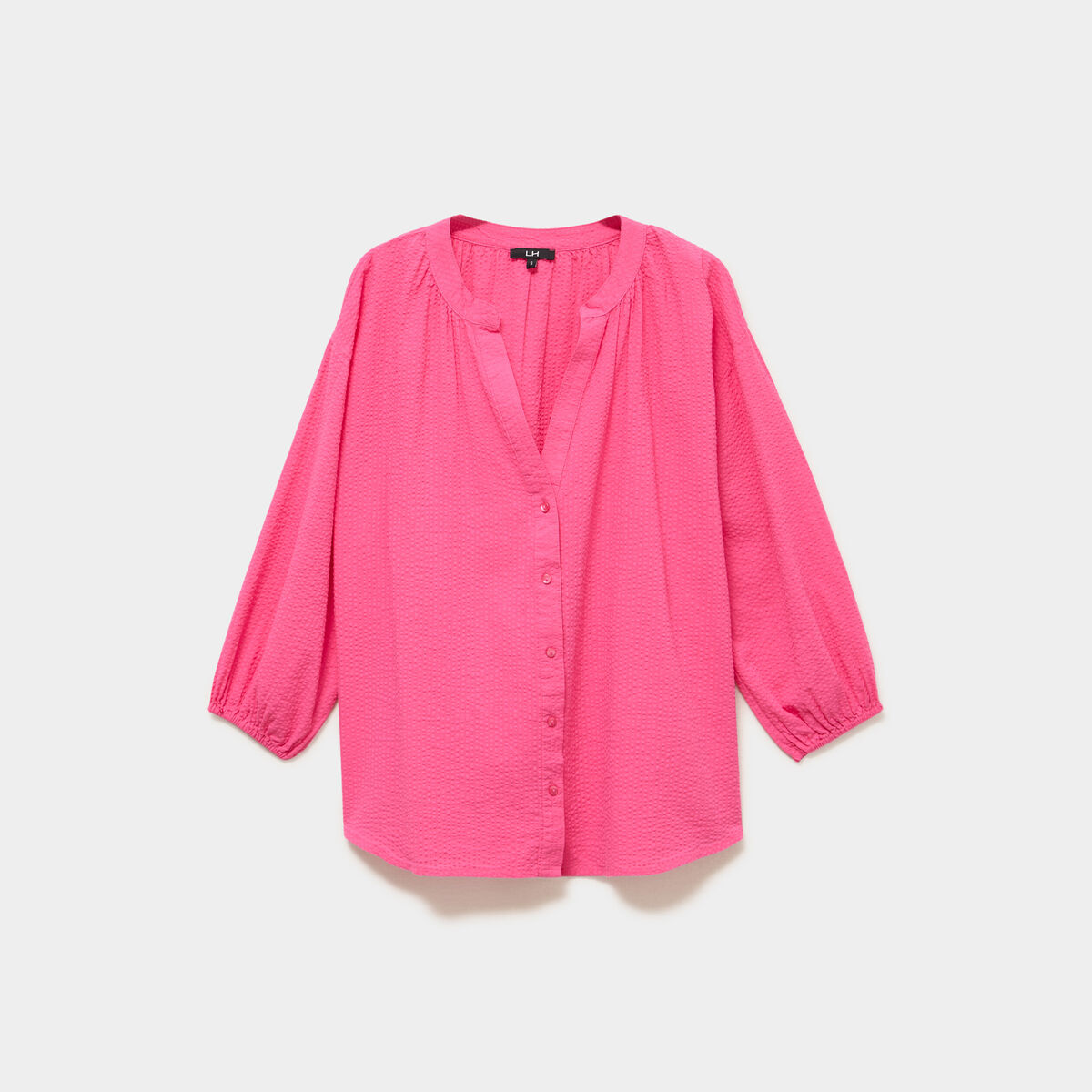 Blouse col tunisien manches 3/4 coton rose fushia femme