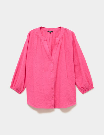 Blouse col tunisien manches 3/4 coton rose fushia femme