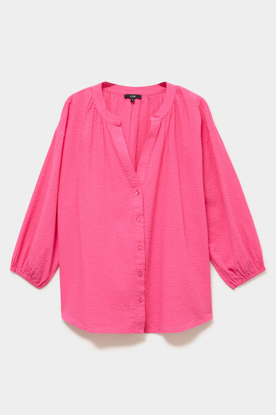 Blouse col tunisien manches 3/4 coton rose fushia femme