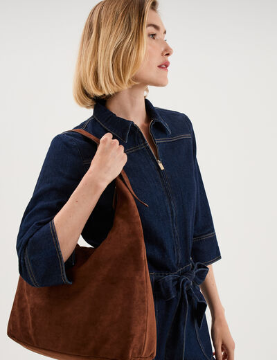 Sac effet su&eacute;dine zipp&eacute; grand format marron femme