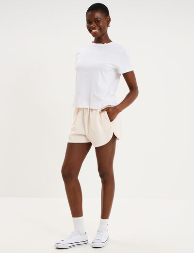 Short droit effet gaufr&eacute; coton beige femme