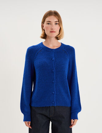 Gilet cardigan col rond boutonn&eacute; bleu roi femme