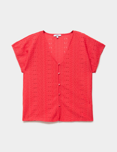 T-shirt broderie anglaise col en V rouge femme