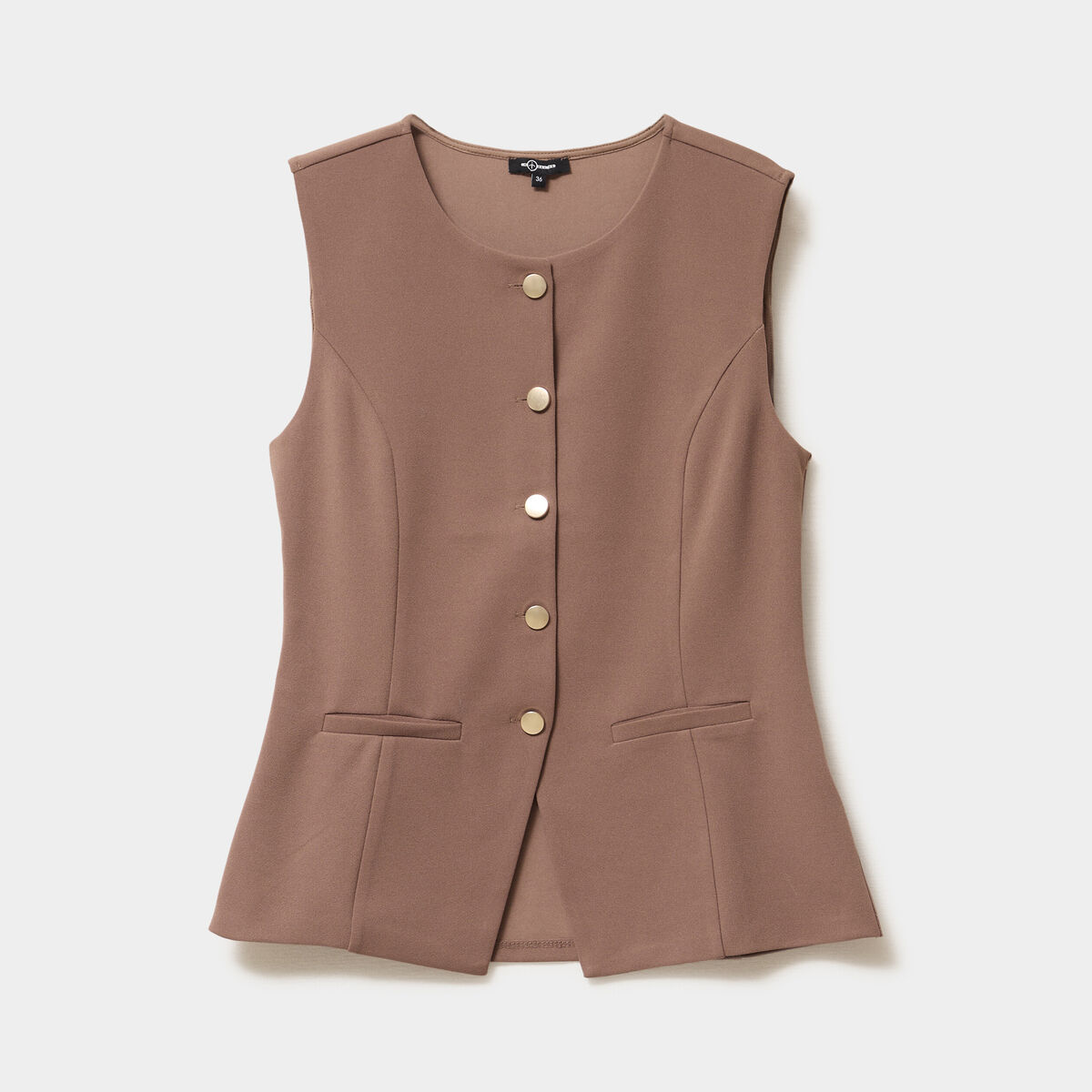 Veste sans manches boutonn&eacute;e col rond marron clair femme
