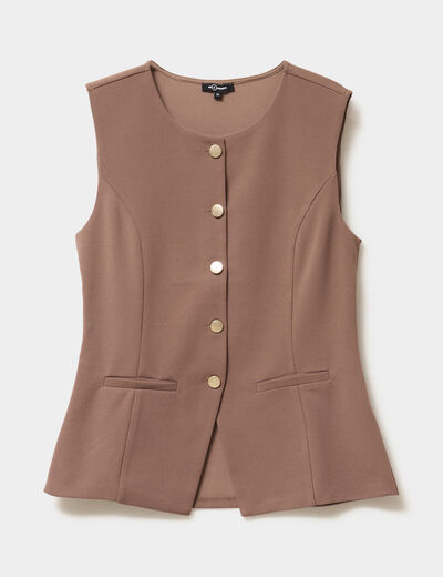 Veste sans manches boutonn&eacute;e col rond marron clair femme