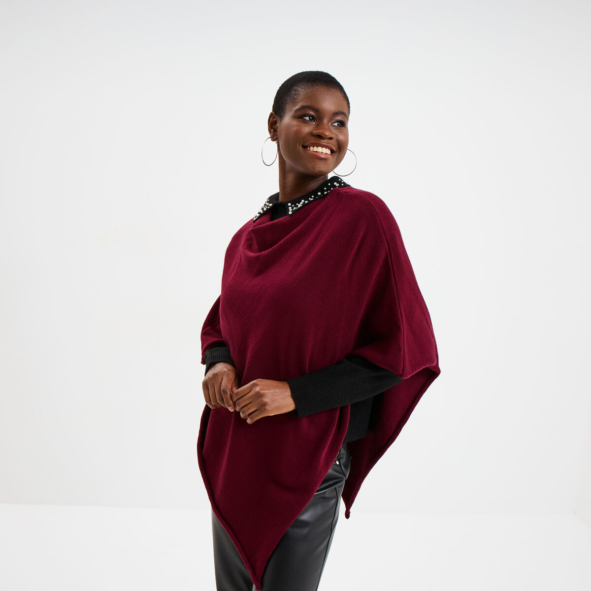 Poncho asym&eacute;trique prune femme