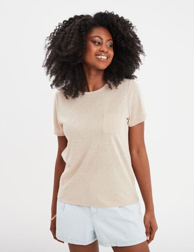 T-shirt col rond 1 poche manches courtes beige femme
