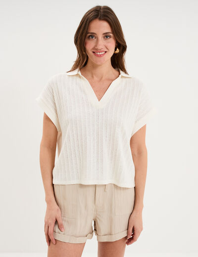 Polo manches courtes effet ajour&eacute; ecru femme