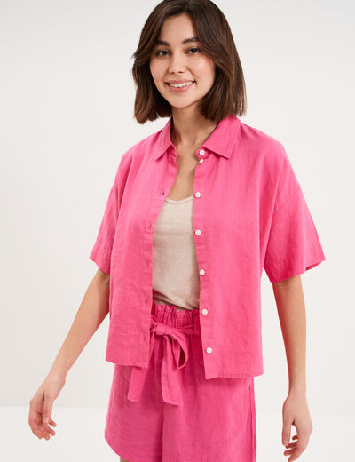 Chemise manches courtes lin m&eacute;lang&eacute; rose fushia femme