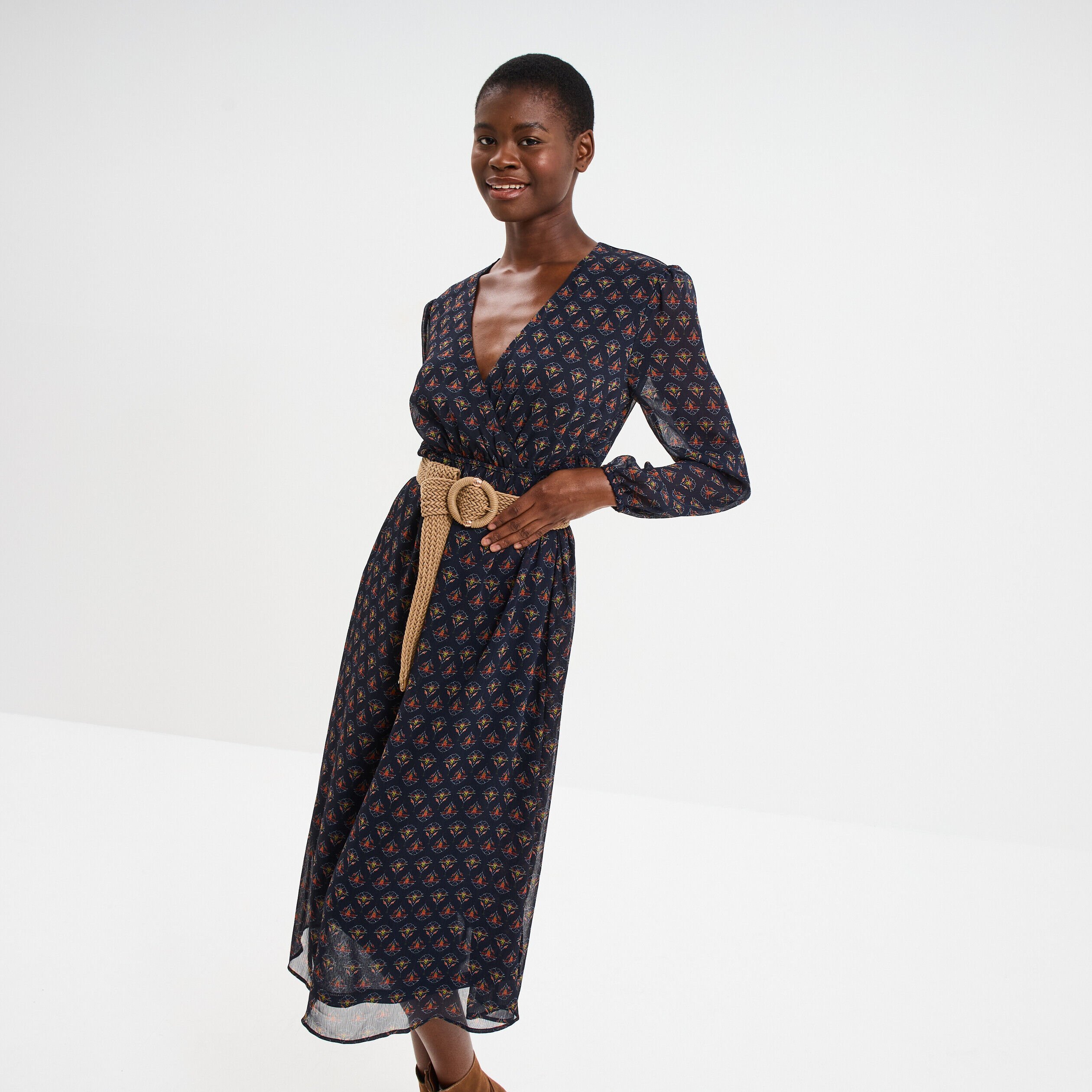 Robe midi empire manches longues bleu marine femme LH