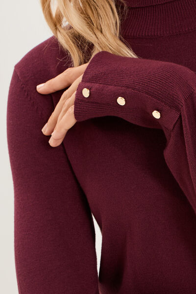 Pull col roul&eacute; avec boutons poignets violet fonc&eacute; femme