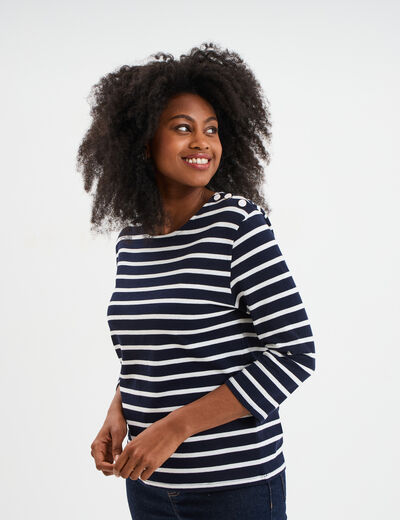 T-shirt manches 3/4 avec boutons coton ecru femme