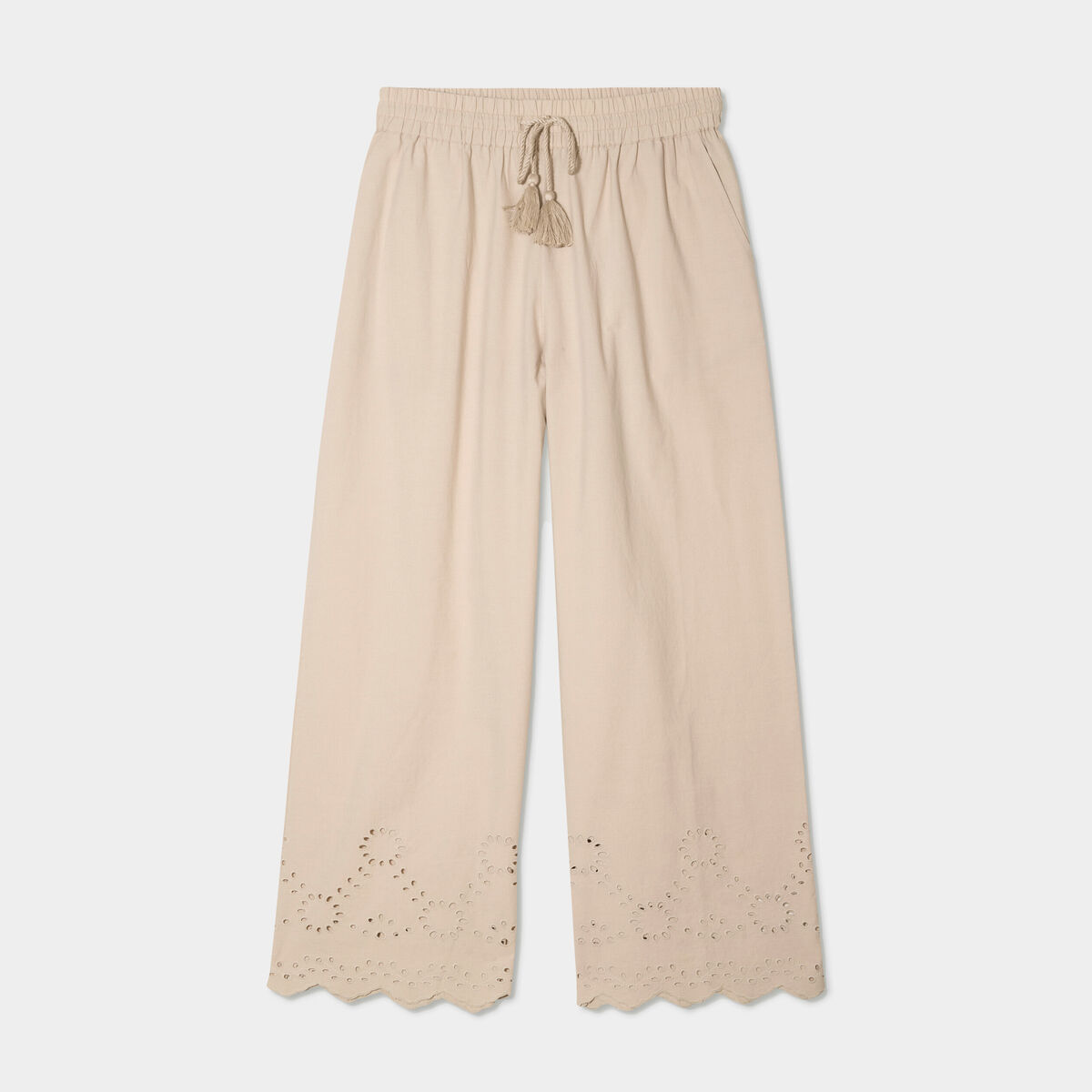 Pantalon avec broderie anglaise beige femme