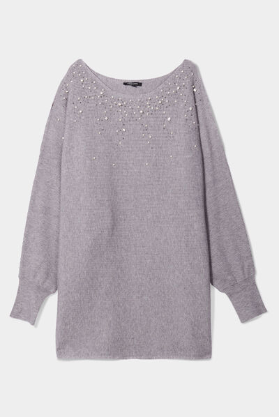 Pull perles et strass au col gris clair femme