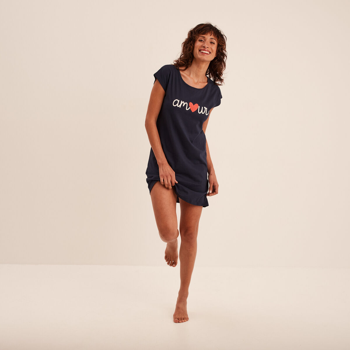 Chemise de nuit manches courtes coton bleu marine femme