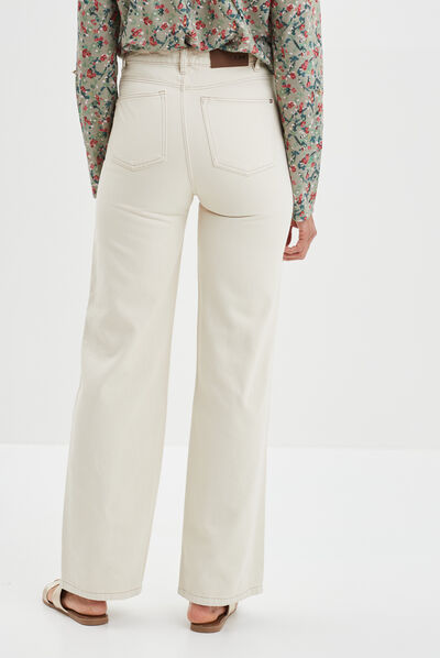 Jeans wide leg taille haute coton ecru femme