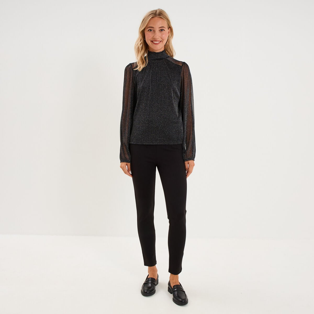 T-shirt fil m&eacute;tallis&eacute; col montant noir femme