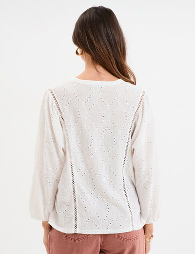 Blouse ajour&eacute;e manches 3/4 col en V blanc femme