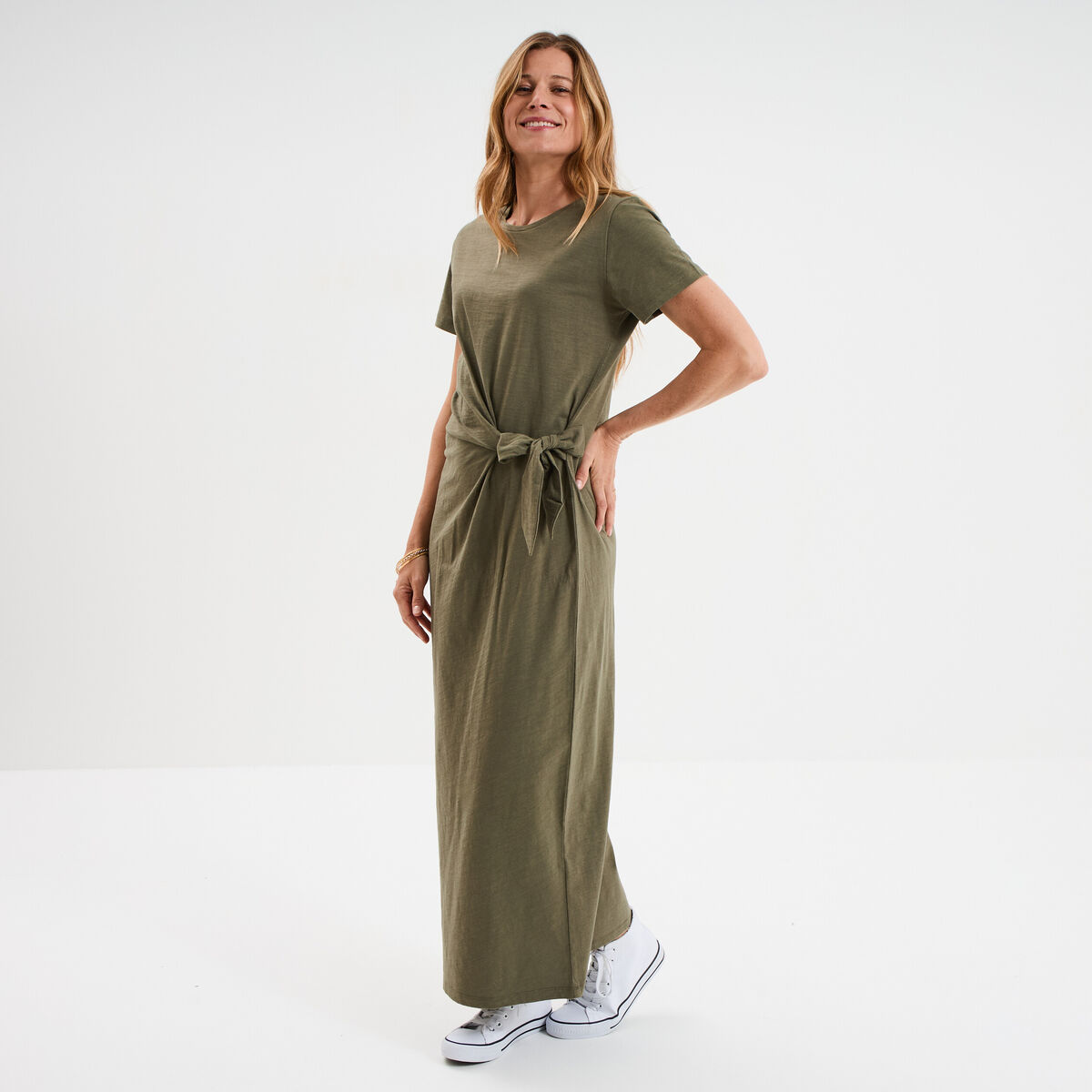 Robe midi taille effet noué coton vert kaki femme