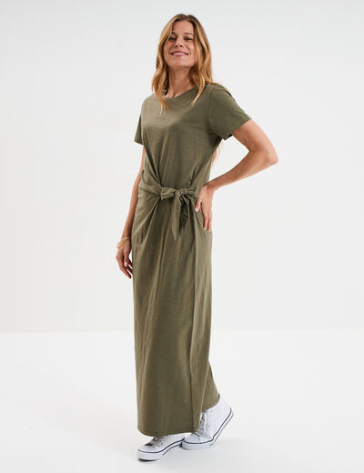 Robe midi taille effet noué coton vert kaki femme
