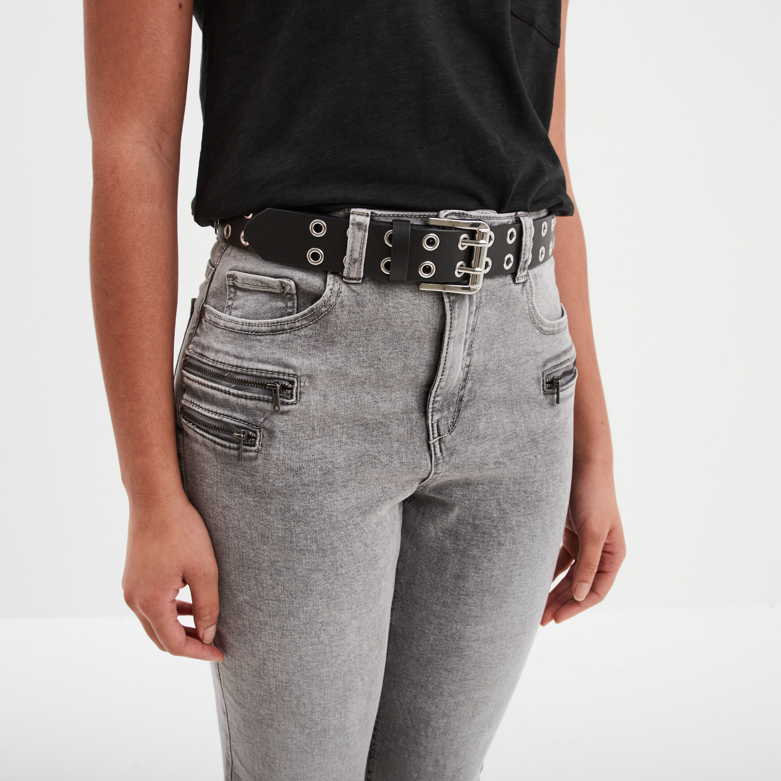 Ceinture avec oeillets gris argent femme LH