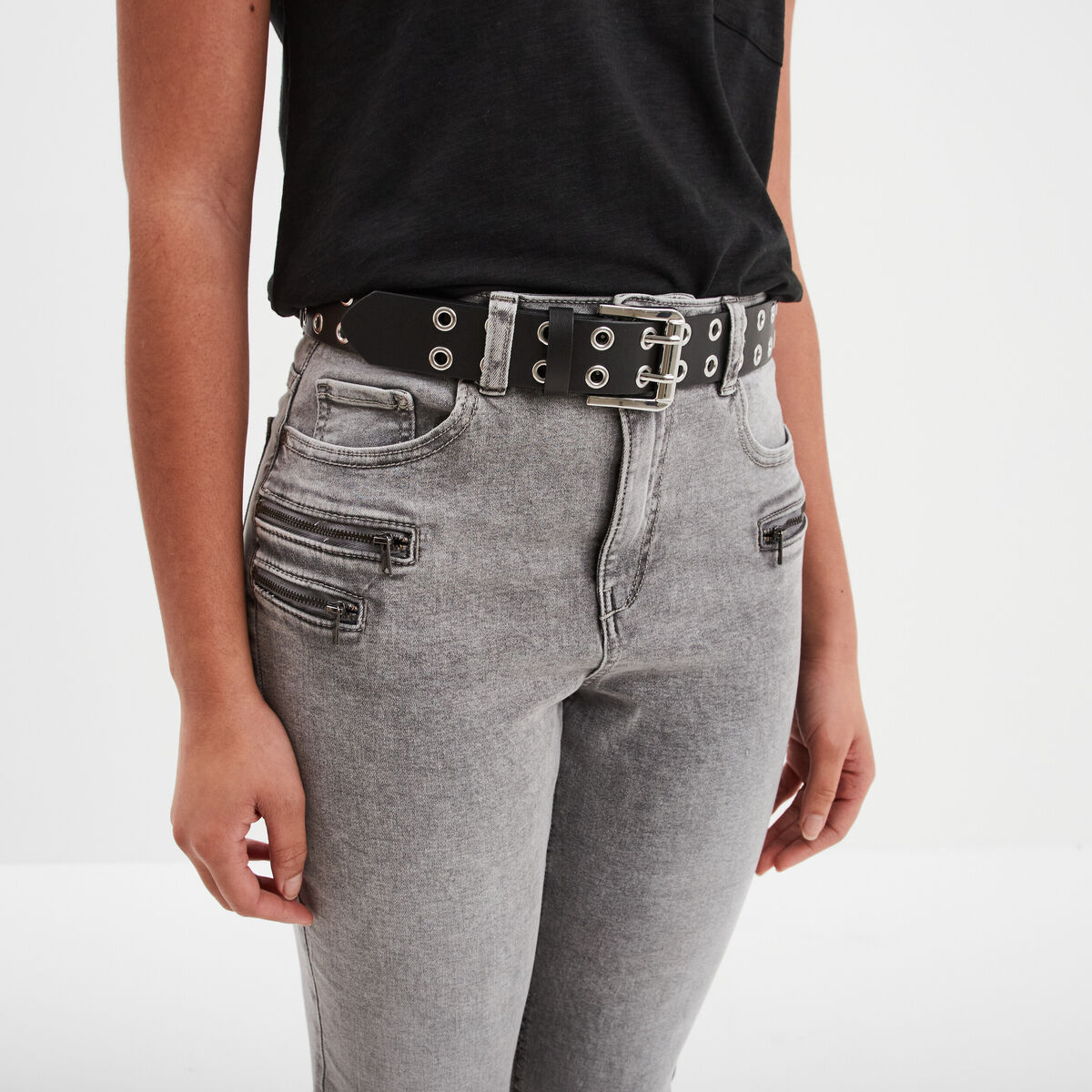 Ceinture avec oeillets gris argent femme