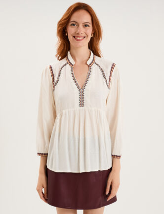 Blouse col tunisien avec broderie ecru femme