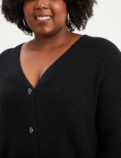 Gilet col en V boutonné manches longues noir femme grande taille