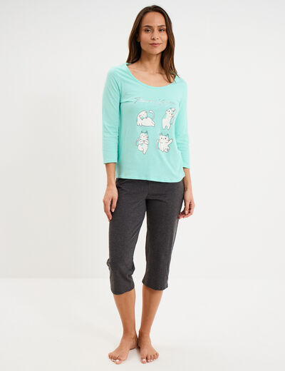 Ensemble pyjama corsaire et t-shirt bleu turquoise femme