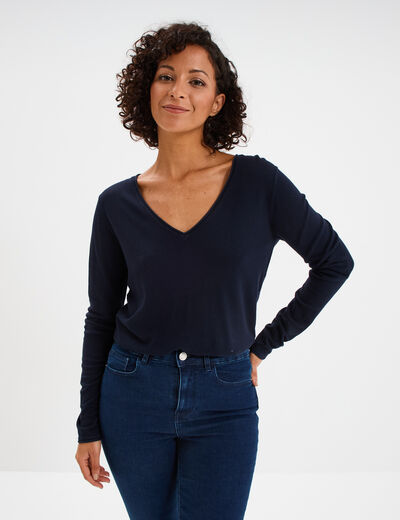 Pull ajusté avec col en V bleu marine femme