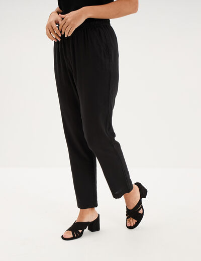 Pantalon droit 7/8&egrave;me lin m&eacute;lang&eacute; noir femme