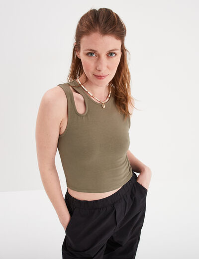 Débardeur cropped ajusté avec ouverture vert kaki femme