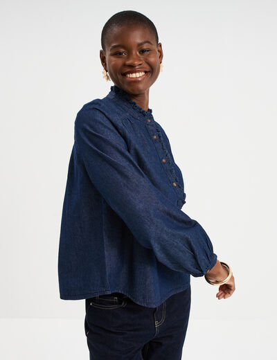 Blouse en jean col montant &agrave; volants denim brut femme